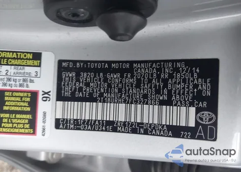 2015 Toyota Corolla L из США, поврежденный, VIN 2T1BURHE7FC327866